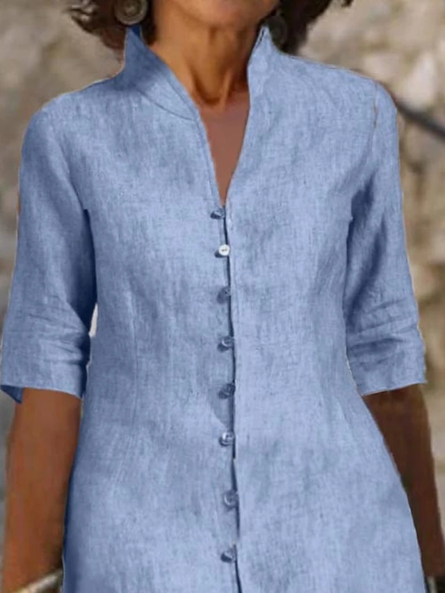 Women's Casual Dress Cotton Linen Dress Shift Dress Midi Dress Cotton Blend Basic Modern Outdoor Daily Vacation Stand Collar Button Half Sleeve Summer Spring Fall 2023 Loose Fit Blue Plain S M L XL 3 Women's Casual Dress Cotton Linen Dress Shift Dress Midi Dress Cotton Blend Basic Modern Outdoor Daily Vacation Stand Collar Button Half Sleeve Summer Spring Fall 2023 Loose Fit Blue Plain S M L XL - Image 3
