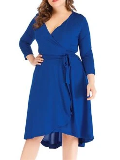 Women‘s Plus Size Curve Work Dress Semi Formal Dress Wrap Dress Fashion Midi Dress Lace Up V Neck Long Sleeve Plain Regular Fit Black Blue Spring Fall XL XXL 3XL 4XL 5XL -HAYz Clothing Shop cduxpm1691402327762