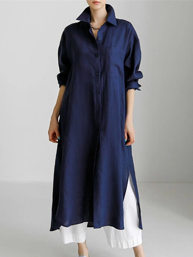 Women's Cotton Linen Dress Casual Dress Swing Dress Maxi Long Dress Cotton Blend Stylish Casual Winter Dress Daily Holiday Shirt Collar Button Pocket Long Sleeve Summer Spring Fall 2022 Loose Fit 1 Women's Cotton Linen Dress Casual Dress Swing Dress Maxi Long Dress Cotton Blend Stylish Casual Winter Dress Daily Holiday Shirt Collar Button Pocket Long Sleeve Summer Spring Fall 2022 Loose Fit