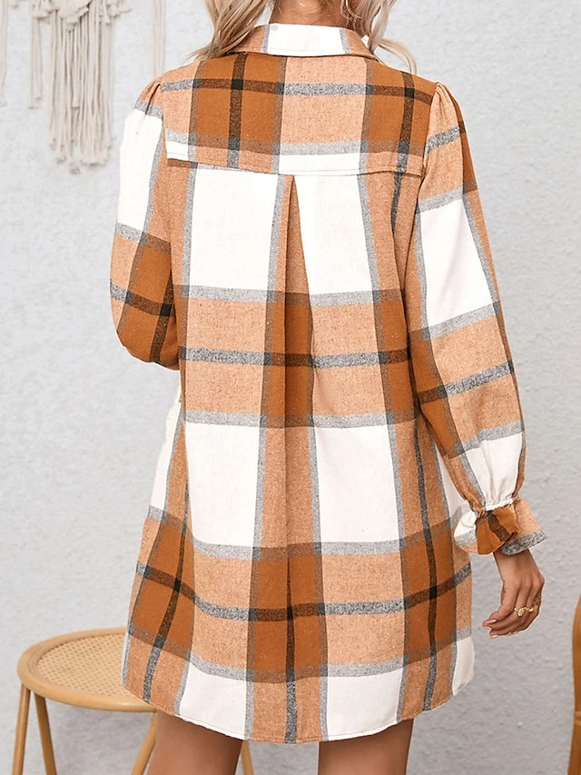 Women's Shirt Dress Casual Dress Mini Dress Outdoor Office Daily Fleece Fashion Modern Shirt Collar Ruffle Button Long Sleeve Fall Winter 2023 Loose Fit Khaki Plaid S M L XL 2XL 7 Women's Shirt Dress Casual Dress Mini Dress Outdoor Office Daily Fleece Fashion Modern Shirt Collar Ruffle Button Long Sleeve Fall Winter 2023 Loose Fit Khaki Plaid S M L XL 2XL - Image 7