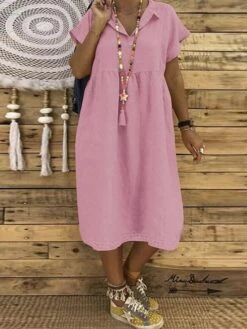 Women's Casual Dress Cotton Linen Dress A Line Dress Midi Dress Cotton Blend Basic Classic Outdoor Daily Shirt Collar Basic Short Sleeve Summer Spring 2023 Loose Fit Pink Plain S M L XL 2XL