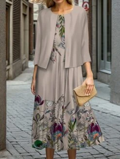 Women's Two Piece Dress Set Casual Dress Swing Dress Outdoor Office Fashion Streetwear Print Midi Dress Crew Neck 3/4 Length Sleeve Leaf Floral Regular Fit Navy Blue Gray Fall Winter S M L XL XXL -HAYz Clothing Shop ceppvb1697524428833