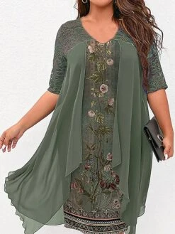 Women's Plus Size Curve Party Dress Cocktail Dress Wedding Guest Dress Midi Dress Green Half Sleeve Floral Lace Spring Fall Winter V Neck Fashion Wedding Guest Fall Dress 2023 L XL XXL 3XL 4XL 5XL -HAYz Clothing Shop cetpgb1692856464078