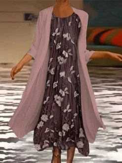 Women's Two Piece Dress Set Casual Dress Chiffon Dress Outdoor Daily Fashion Casual Print Maxi Dress Crew Neck 3/4 Length Sleeve Floral Loose Fit Pink Blue Summer Spring S M L XL XXL -HAYz Clothing Shop cexjgh1697450527078