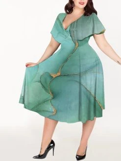 Women‘s Plus Size Curve Casual Dress A Line Dress Marbling Midi Dress Short Sleeve Print V Neck Elegant Party Pink Blue Summer Spring L XL XXL 3XL 4XL -HAYz Clothing Shop cfgkab1680507613938