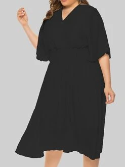 Women‘s Plus Size Curve Party Dress Wedding Guest Dress Swing Dress Midi Dress Black Beige Half Sleeve Pure Color Pleated Summer Spring Fall V Neck Party Birthday Wedding Guest Vacation 2023 -HAYz Clothing Shop cfiztl1691399372550