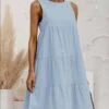 Women's Casual Dress Cotton Linen Dress A Line Dress Mini Dress Cotton Blend Basic Casual Outdoor Daily Crew Neck Ruched Sleeveless Summer Spring 2023 Regular Fit Light Blue ArmyGreen Black Pure Color