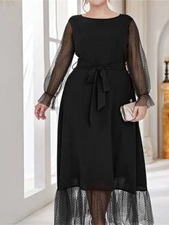 Women's Plus Size Prom Dress Party Dress Wedding Guest Dress Long Dress Maxi Dress Black Brown Long Sleeve Pure Color Lace Up Fall Winter Autumn Crew Neck Fashion Winter Dress Evening Party Wedding -HAYz Clothing Shop cfqonr1693535304858