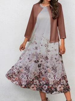 Women's Two Piece Dress Set Casual Dress Swing Dress Outdoor Office Fashion Streetwear Print Midi Dress Crew Neck 3/4 Length Sleeve Floral Regular Fit Navy Blue Royal Blue Blue Fall Winter S M L XL -HAYz Clothing Shop cfrjne1697770546542