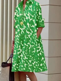 Women's Shirt Dress Casual Dress Shift Dress Midi Dress Outdoor Daily Going Out Polyester Fashion Casual Shirt Collar Pocket Print Long Sleeve Spring 2023 Loose Fit Green Graphic Plaid Polka Dot S M