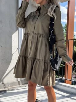 Women's Shirt Dress Casual Dress Swing Dress Midi Dress Outdoor Daily Vacation Cotton Basic Modern Shirt Collar Ruffle Button Long Sleeve Fall Winter 2023 Regular Fit ArmyGreen Black White Pure Color -HAYz Clothing Shop cghtkx1695813926865