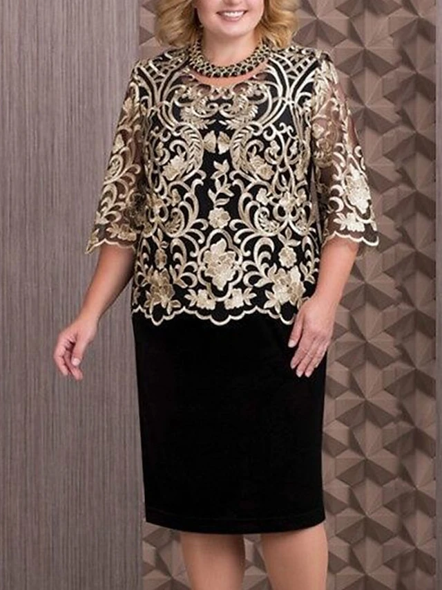 Women‘s Plus Size Curve Party Dress Floral Crew Neck Lace Long Sleeve Spring Fall Elegant Prom Dress Knee Length Dress Formal Party Dress 1 Women‘s Plus Size Curve Party Dress Floral Crew Neck Lace Long Sleeve Spring Fall Elegant Prom Dress Knee Length Dress Formal Party Dress