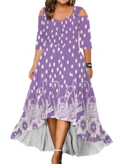 Women‘s Plus Size Curve Party Dress Wedding Guest Dress Swing Dress Long Dress Maxi Dress Blue Light Purple Purple 3/4 Length Sleeve Floral Cold Shoulder Summer Spring Fall V Neck Fashion Birthday -HAYz Clothing Shop cgkhrk1690428399375