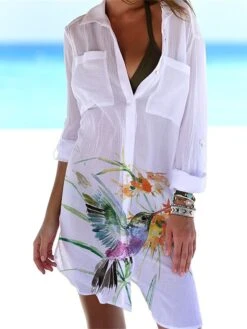 Women's Shirt Dress Cover Up Beach Wear Mini Dress Pocket Print Fashion Casual Floral Turndown 3/4 Length Sleeve Loose Fit Outdoor Daily White Yellow 2023 Summer Spring S M L XL -HAYz Clothing Shop cgrzsq1676972515300