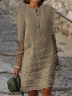 Women‘s Casual Dress Shirt Dress Cotton Linen Dress Shift Dress Midi Dress Bamboo Fashion Basic Outdoor Daily Vacation Crew Neck Button 3/4 Length Sleeve Summer Spring Fall 2023 Loose Fit White -HAYz Clothing Shop cgtqgf1684812619866