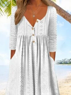 Women's Casual Dress Cotton Linen Dress White Dress Midi Dress Linen / Cotton Blend Basic Classic Outdoor Daily Vacation V Neck Button Pocket 3/4 Length Sleeve Summer Spring Fall 2023 Regular Fit -HAYz Clothing Shop cgupsh1689071573429