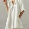 Women's Casual Dress Cotton Linen Dress Mini Dress Cotton Basic Casual Home Daily Vacation V Neck Pocket Short Sleeve Fall Autumn 2023 Loose Fit Apricot Plain S M L