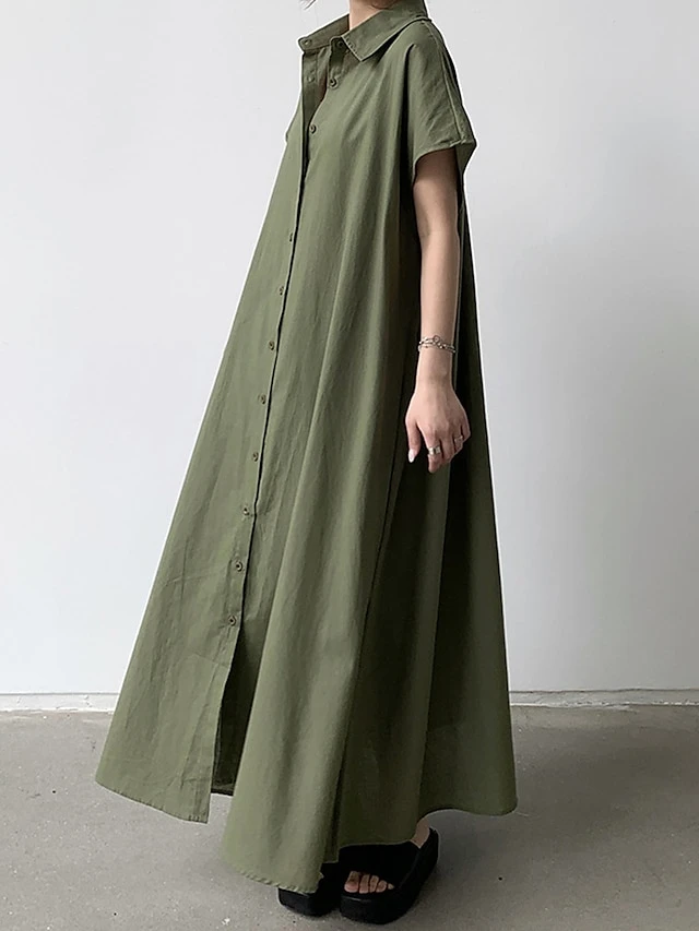 Women's Shirt Dress Casual Dress Maxi Long Dress Outdoor Daily Cotton Linen Basic Classic Shirt Collar Button Short Sleeve Summer Spring 2023 Loose Fit Navy Blue Brown Green Pure Color S M L XL XXL 2 Women's Shirt Dress Casual Dress Maxi Long Dress Outdoor Daily Cotton Linen Basic Classic Shirt Collar Button Short Sleeve Summer Spring 2023 Loose Fit Navy Blue Brown Green Pure Color S M L XL XXL - Image 2