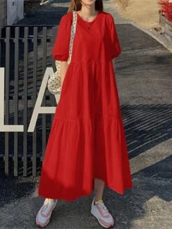 Women's Casual Dress Cotton Linen Dress Swing Dress Maxi Long Dress Cotton Blend Basic Casual Outdoor Daily Holiday Crew Neck Ruched Pocket Half Sleeve Summer Spring 2023 Loose Fit Black White Red