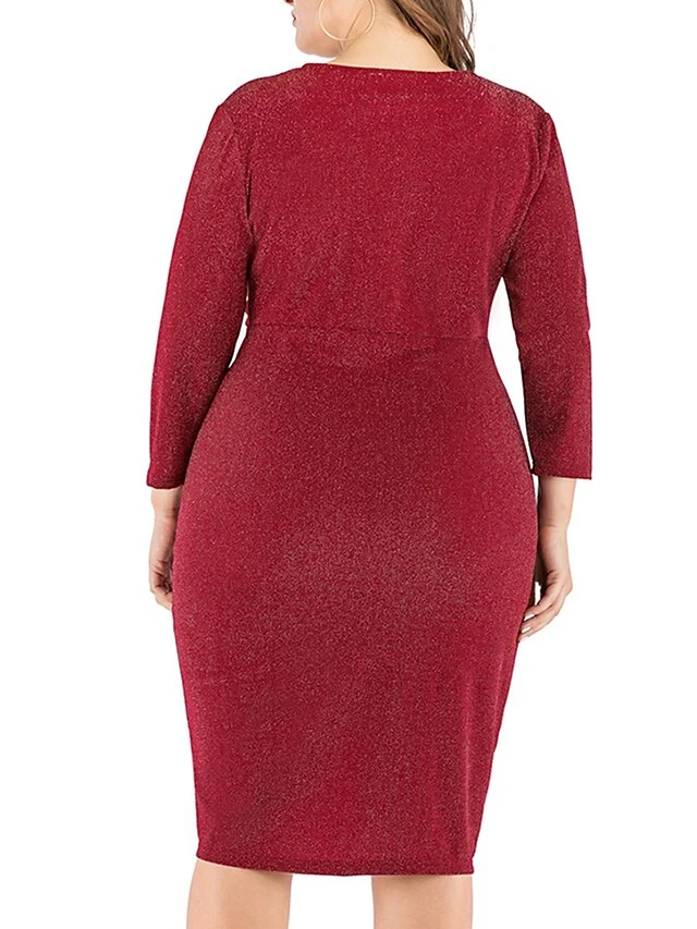 Women‘s Plus Size Curve Work Dress Sheath Dress Semi Formal Dress Fashion Midi Dress Ruffle V Neck Long Sleeve Plain Regular Fit Black Wine Fall Winter XL XXL 3XL 4XL 5XL 3 Women‘s Plus Size Curve Work Dress Sheath Dress Semi Formal Dress Fashion Midi Dress Ruffle V Neck Long Sleeve Plain Regular Fit Black Wine Fall Winter XL XXL 3XL 4XL 5XL - Image 3