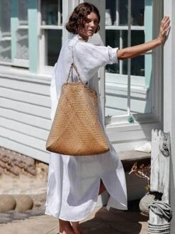 Women's Shirt Dress Casual Dress Cotton Dress Cotton Blend Fashion Daily Holiday Weekend Beaches V Neck Button Baggy Long Sleeve White One-Size -HAYz Clothing Shop cijbqe1690547336732