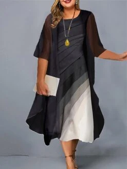Women‘s Plus Size Curve Work Dress Dress Set Two Piece Dress Floral Color Block Midi Dress 3/4 Length Sleeve Print Crew Neck Fashion Office Black Khaki Summer Spring L XL XXL 3XL 4XL -HAYz Clothing Shop cikguf1678702928209