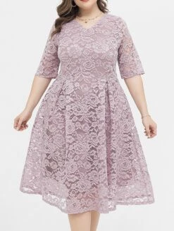 Women‘s Plus Size Curve Party Dress Lace Dress Cocktail Dress Midi Dress Black Pink Wine Half Sleeve Pure Color Lace Summer Spring Fall V Neck Fashion Birthday Wedding Guest Vacation 2023