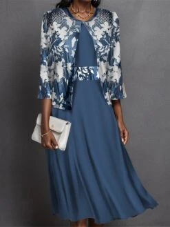 Women's Two Piece Dress Set Casual Dress Swing Dress Outdoor Office Fashion Streetwear Print Midi Dress Crew Neck 3/4 Length Sleeve Floral Regular Fit Blue Purple Green Fall S M L XL XXL