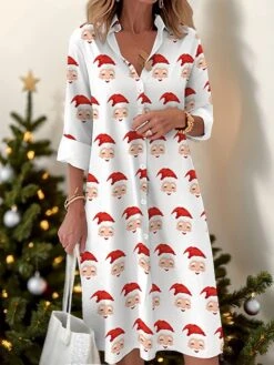 Women's Shirt Dress Casual Dress Midi Dress Outdoor Daily Date Polyester Fashion Modern Shirt Collar Button Pocket Long Sleeve Fall Winter 2023 Loose Fit White Santa Claus S M L XL 2XL