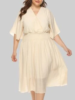 Women‘s Plus Size Curve Party Dress Wedding Guest Dress Swing Dress Midi Dress Black Beige Half Sleeve Pure Color Pleated Summer Spring Fall V Neck Party Birthday Wedding Guest Vacation 2023 -HAYz Clothing Shop cjiwoh1691399370487