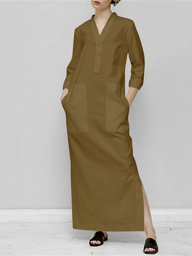 Women's Casual Dress Cotton Dress Shift Dress Maxi Long Dress Cotton Basic Classic Outdoor Daily Vacation V Neck Pocket Split Long Sleeve Spring Fall Winter 2023 Loose Fit Black Khaki Plain S M L XL 2 Women's Casual Dress Cotton Dress Shift Dress Maxi Long Dress Cotton Basic Classic Outdoor Daily Vacation V Neck Pocket Split Long Sleeve Spring Fall Winter 2023 Loose Fit Black Khaki Plain S M L XL - Image 2