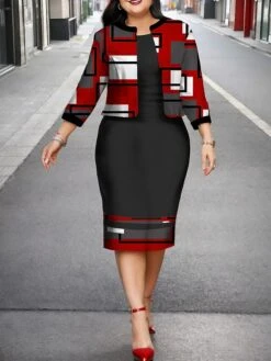 Women's Christmas Plus Size Curve Casual Dress Dress Set Two Piece Dress Geometric Plaid Midi Dress Long Sleeve Print Crew Neck Fashion Outdoor Black Fall Winter L XL XXL 3XL 4XL