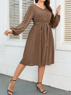 Women's Plus Size Party Dress Wedding Guest Dress Swing Dress Midi Dress Khaki Long Sleeve Dot Button Spring Fall Winter V Neck Fashion Winter Dress Evening Party Wedding Guest 2023 XL XXL 3XL 4XL -HAYz Clothing Shop cjuqwa1693535282152