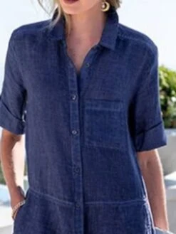 Women's Shirt Dress Casual Dress Cotton Linen Dress Midi Dress Linen / Cotton Blend Fashion Modern Outdoor Daily Vacation Shirt Collar Button Pocket Half Sleeve Summer Spring Fall 2023 Loose Fit Blue -HAYz Clothing Shop ckmwjw1691490834808