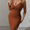 Women‘s Plus Size Curve Party Dress Cocktail Dress Wedding Guest Dress Midi Dress Brown Sleeveless Pure Color Backless Spring Fall Winter Spaghetti Strap Fashion Birthday Wedding Guest Vacation 2023