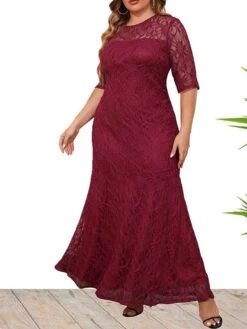 Women's Plus Size Curve Party Dress Lace Dress Sheath Dress Solid Color Long Dress Maxi Dress Half Sleeve Ruched Patchwork Crew Neck Fashion Wedding Wine Deep Blue Spring Fall XL XXL 3XL 4XL 5XL -HAYz Clothing Shop ckpmsu1693533332112