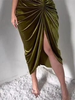 Women's Plus Size Curve Party Dress Velvet Dress Sheath Dress Plain Midi Dress Sleeveless Ruched Backless One Shoulder Fashion Party ArmyGreen Fall Winter L XL XXL 3XL 4XL -HAYz Clothing Shop ckrufn1695023975677