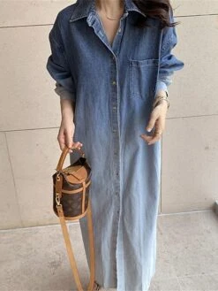 Women's Shirt Dress Casual Dress Maxi Long Dress Outdoor Daily Vacation Denim Fashion Modern Shirt Collar Button Pocket Long Sleeve Spring Fall Winter 2023 Loose Fit Blue Ombre M -HAYz Clothing Shop ckwpix1695027657684