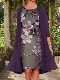 Women's Two Piece Dress Set Shift Dress Chiffon Dress Daily Going Out Casual Print Midi Dress Crew Neck 3/4 Length Sleeve Floral Regular Fit Navy Blue Light Purple Purple Summer Spring M L XL XXL XXXL -HAYz Clothing Shop clqlan1672827939084