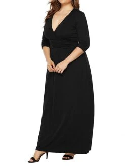 Women's Plus Size Curve Party Dress Swing Dress Formal Dress Plain Long Dress Maxi Dress 3/4 Length Sleeve Ruched Crew Neck Fashion Party Black Wine Fall Winter L XL XXL 3XL -HAYz Clothing Shop clynrk1694151477230
