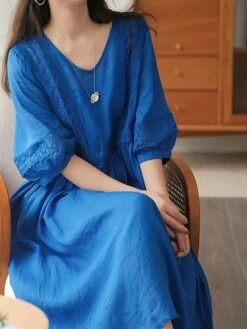 Women's Casual Dress Cotton Linen Dress Swing Dress Midi Dress Cotton Blend Basic Casual Outdoor Daily V Neck Ruched 3/4 Length Sleeve Summer Spring 2023 Loose Fit Black White Yellow Pure Color M L -HAYz Clothing Shop cmccls1677135419475