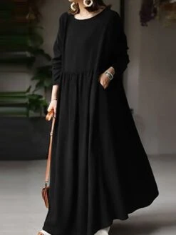 Women's Plus Size Work Dress Black Dress White Dress Fashion Long Dress Maxi Dress Ruched Patchwork Crew Neck Long Sleeve Plain Loose Fit Black White Brown Fall L XL XXL 3XL 4XL -HAYz Clothing Shop cmdwyz1693374218062