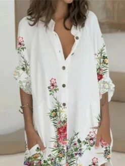 Women's Shirt Dress Casual Dress Mini Dress Winter Dress Daily Holiday Polyester Casual Shirt Collar Button Pocket Long Sleeve Summer Spring Fall 2022 Loose Fit White Pink Blue Leopard Floral -HAYz Clothing Shop cmiife1628230799450
