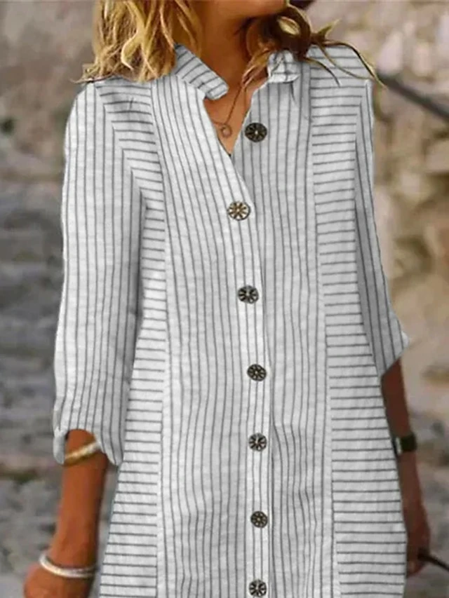 Women's Shirt Dress Casual Dress Cotton Linen Dress Midi Dress Cotton Blend Modern Casual Outdoor Daily Vacation Shirt Collar Button Print 3/4 Length Sleeve Summer Spring Fall 2023 Regular Fit Gray 2 Women's Shirt Dress Casual Dress Cotton Linen Dress Midi Dress Cotton Blend Modern Casual Outdoor Daily Vacation Shirt Collar Button Print 3/4 Length Sleeve Summer Spring Fall 2023 Regular Fit Gray - Image 2