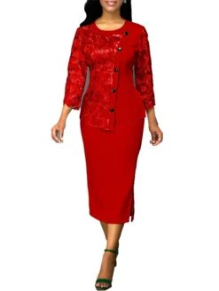 Women's Dress Set Two Piece Dress Skirt Set Long Dress Maxi Dress Red Blue Green 3/4 Length Sleeve Pure Color Lace Fall Winter Autumn Crew Neck Stylish Slim 2023 S M L XL XXL 3XL 4XL 5XL -HAYz Clothing Shop cmnbkk1658893322735
