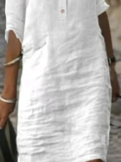 Women‘s Casual Dress Shirt Dress Cotton Linen Dress Shift Dress Midi Dress Bamboo Fashion Basic Outdoor Daily Vacation Crew Neck Button 3/4 Length Sleeve Summer Spring Fall 2023 Loose Fit White -HAYz Clothing Shop cmqrhr1683267838227