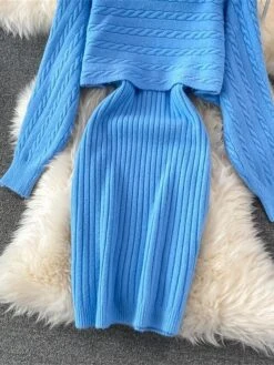 Women's Two Piece Dress Set Casual Dress Sheath Dress Outdoor Daily Fashion Streetwear Ruched Midi Dress Crew Neck Long Sleeve Plain Loose Fit Black White Wine Fall Winter One-Size -HAYz Clothing Shop cmshku1694057145549