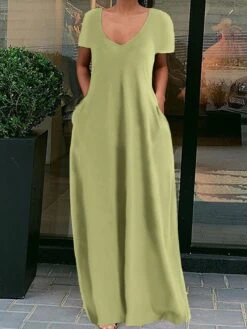 Women's Casual Dress Cotton Linen Dress Long Dress Maxi Dress Polyester Basic Daily Going Out Weekend Crew Neck Short Sleeve Summer Spring 2023 Regular Fit Fluorescent Green Black Yellow Pure Color S -HAYz Clothing Shop cmydih1679645307987