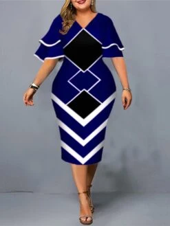 Women‘s Plus Size Curve Work Dress Geometric V Neck Short Sleeve Spring Fall Fashion Elegant Modern Midi Dress Formal Office Dress -HAYz Clothing Shop cnalud1671091292101