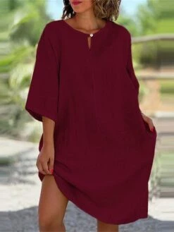 Women's Casual Dress Cotton Linen Dress Midi Dress Linen / Cotton Blend Daily Casual Daily Outdoor Vacation Weekend Crew Neck Button Pocket 3/4 Length Sleeve Summer Spring Fall 2023 Loose Fit Black -HAYz Clothing Shop cncsyf1689762276817